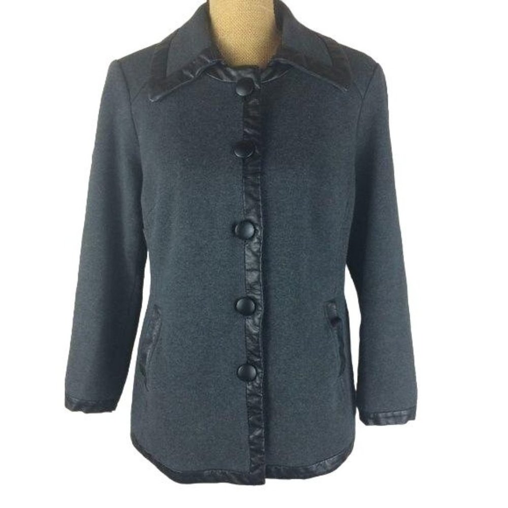 INC Women's Size Large Grey Knit Faux Leather Trim Sweater Jacket 100% Cotton